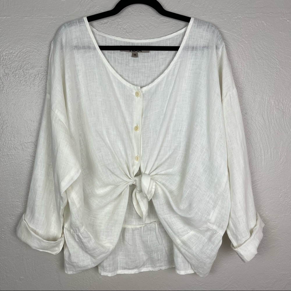FLAX Linen White Button Down Long Sleeve Button Up Ruffle Hem Blouse M